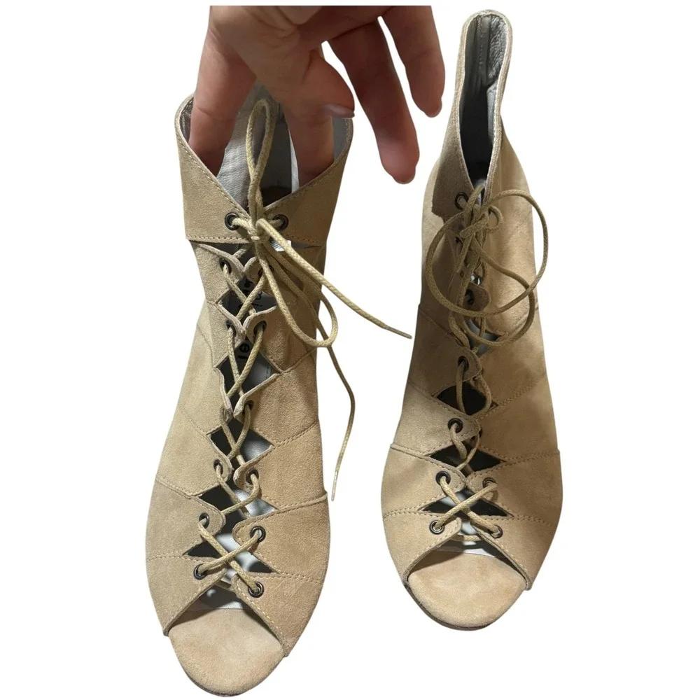 Eric‎ Michael Tan Suede Lace Up peep Toe ankle Booties Heels 41/10 festival boho